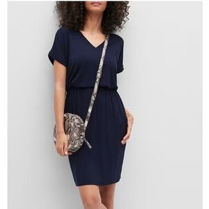 Banana Republic Dress Size S Navy Blue V Neck Short Sleeve Elastic Waist Casual